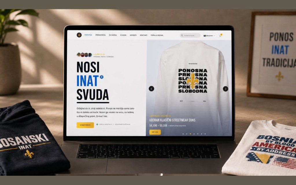 Inat Bosanski storefront on a laptop with apparel samples